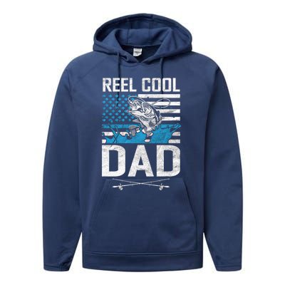 Reel Cool Dad American Flag Fishing Birthday Gift Performance Fleece Hoodie