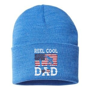 Reel Cool Dad Funny 4th Of July American Flag Fishing Dad Gift Sustainable Knit Beanie