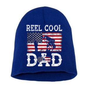 Reel Cool Dad Funny 4th Of July American Flag Fishing Dad Gift Short Acrylic Beanie