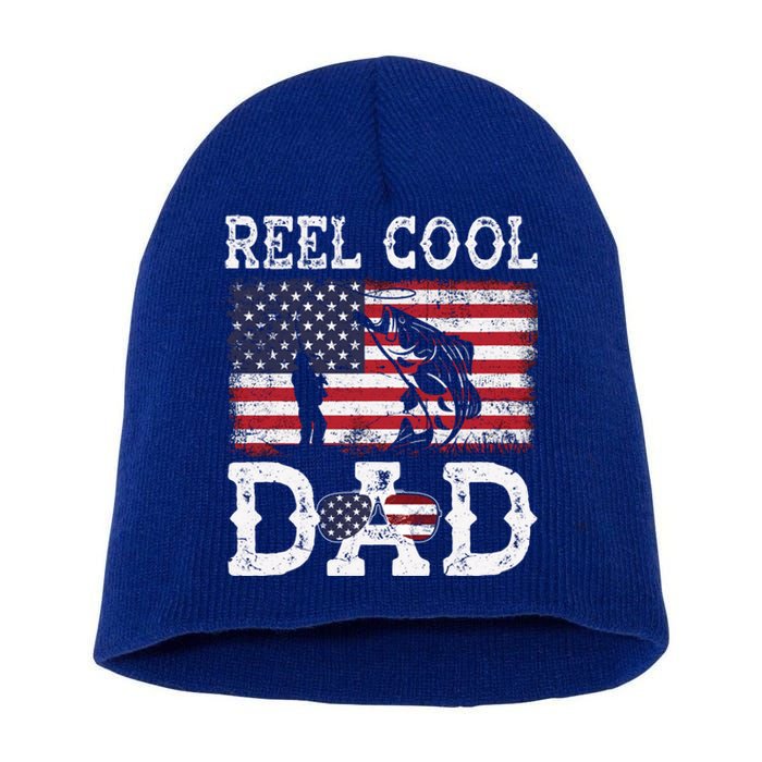 Reel Cool Dad Funny 4th Of July American Flag Fishing Dad Gift Short Acrylic Beanie