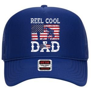 Reel Cool Dad Funny 4th Of July American Flag Fishing Dad Gift High Crown Mesh Back Trucker Hat