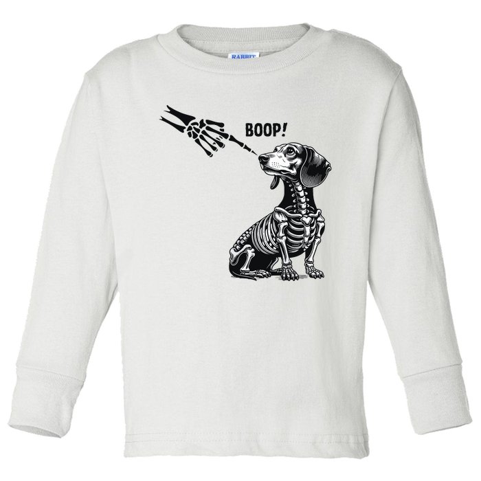 Retro Cute Dachshund Skeleton Hand Boop Dog Funny Halloween Toddler Long Sleeve Shirt