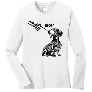 Retro Cute Dachshund Skeleton Hand Boop Dog Funny Halloween Ladies Long Sleeve Shirt