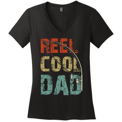 Reel Cool Dad Funny Fishing Fathers Day Fisherman Daddy Women's V-Neck T-Shirt