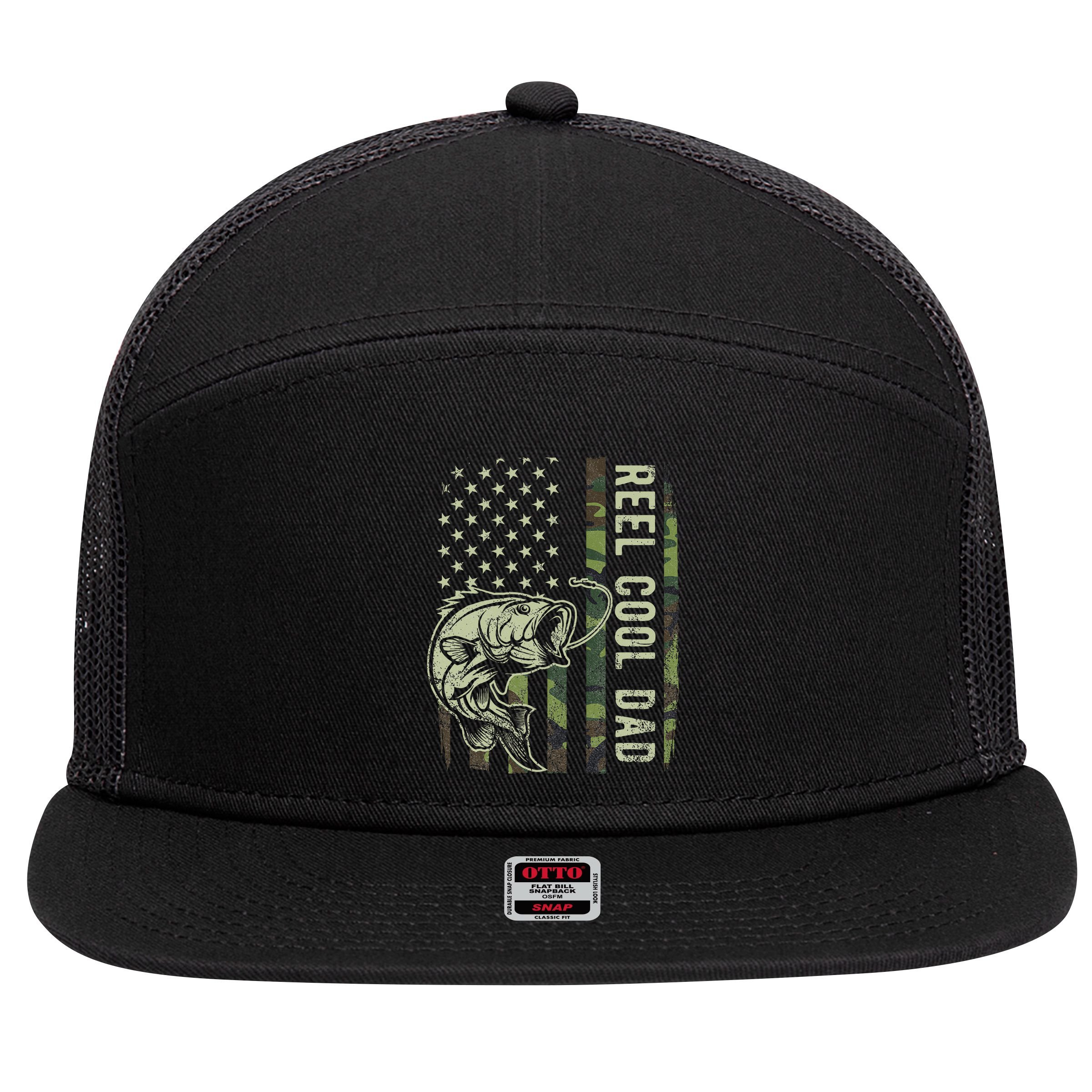 Reel Cool Dad Camouflage American Flag Father's Day 7 Panel Mesh Trucker Snapback Hat