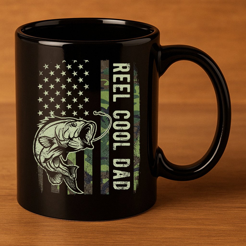 Reel Cool Dad Camouflage American Flag Father's Day 11oz C Handle Ceramic Mug