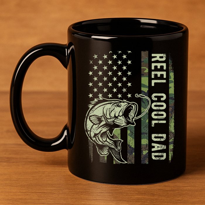 Reel Cool Dad Camouflage American Flag Father's Day 11oz C Handle Ceramic Mug