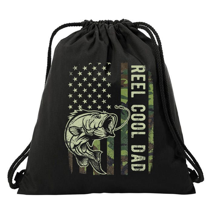 Reel Cool Dad Camouflage American Flag Father's Day Drawstring Bag