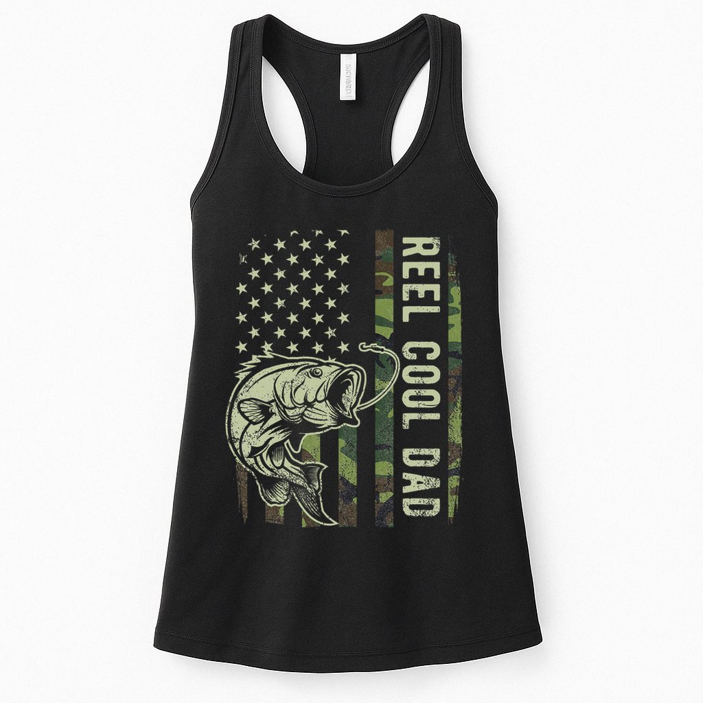 Reel Cool Dad Camouflage American Flag Father's Day Womens Tank Top