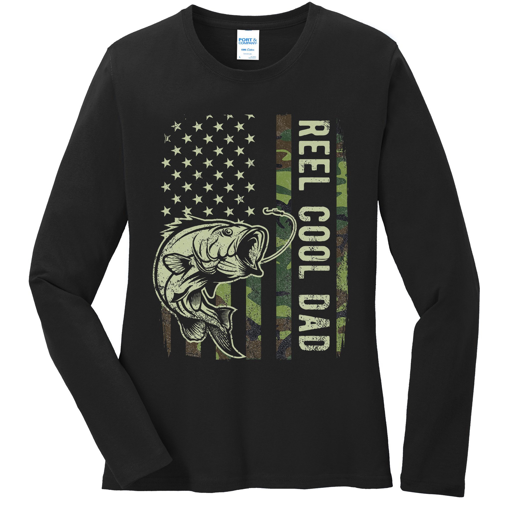 Reel Cool Dad Camouflage American Flag Father's Day Ladies Long Sleeve Shirt