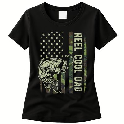 Reel Cool Dad Camouflage American Flag Father's Day Womens T-Shirt