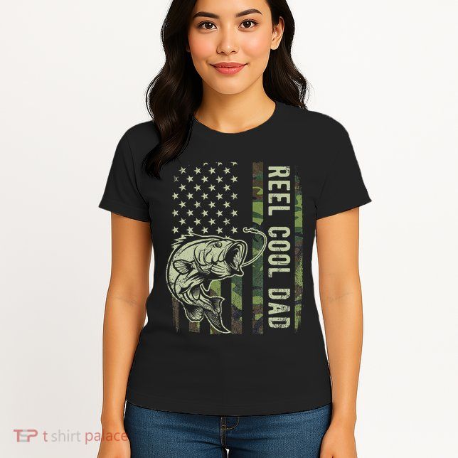 Reel Cool Dad Camouflage American Flag Father's Day Womens T-Shirt