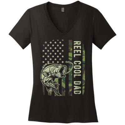 Reel Cool Dad Camouflage American Flag Father's Day Women's V-Neck T-Shirt