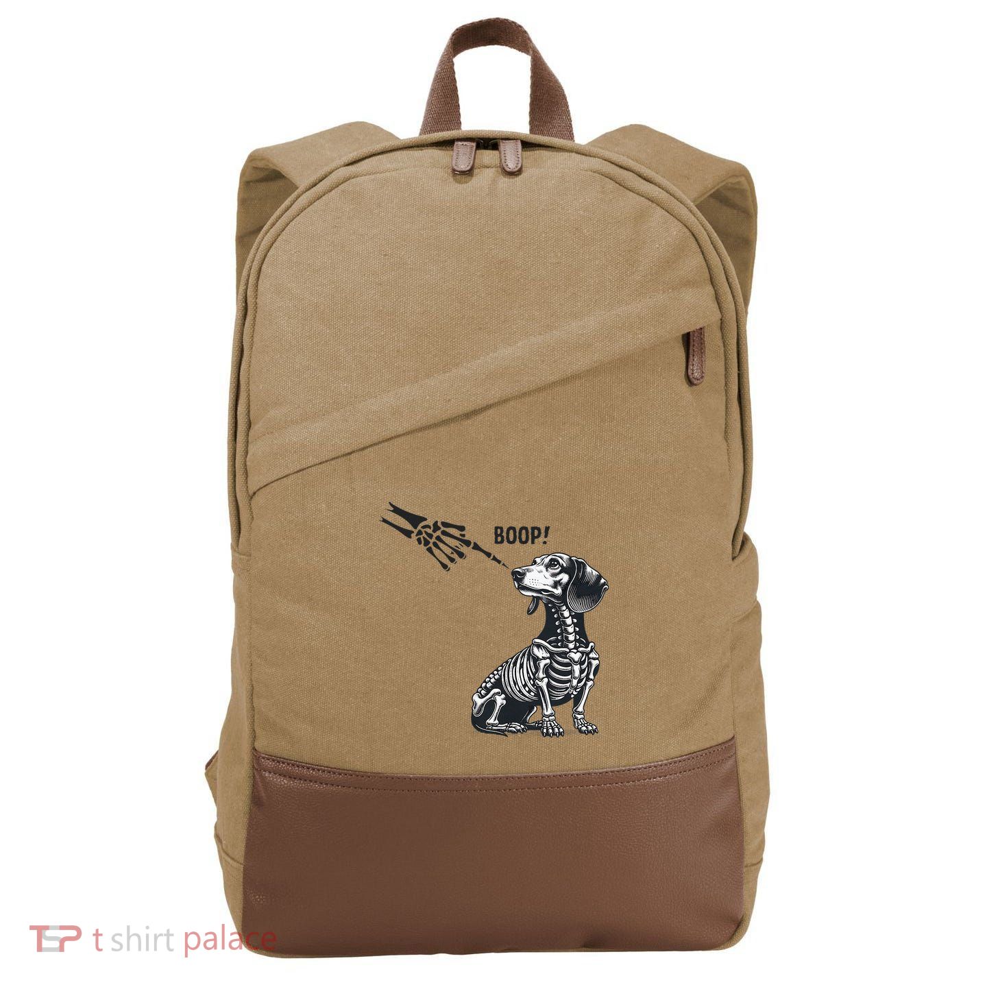 Retro Cute Dachshund Skeleton Hand Boop Dog Funny Halloween Cotton Canvas Backpack