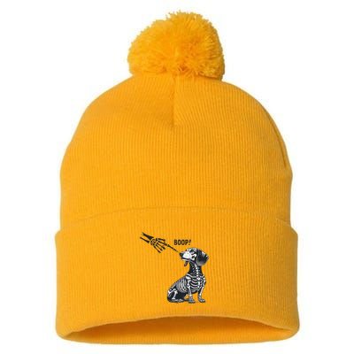 Retro Cute Dachshund Skeleton Hand Boop Dog Funny Halloween Pom Pom 12in Knit Beanie