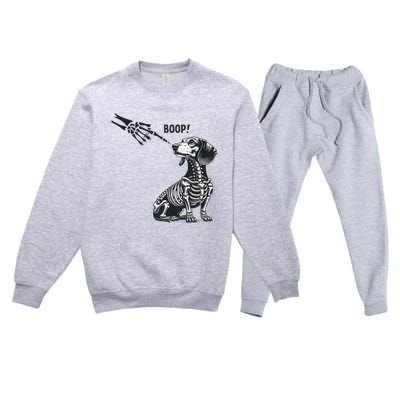 Retro Cute Dachshund Skeleton Hand Boop Dog Funny Halloween Premium Crewneck Sweatsuit Set