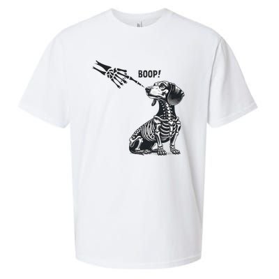 Retro Cute Dachshund Skeleton Hand Boop Dog Funny Halloween Sueded Cloud Jersey T-Shirt