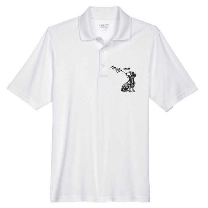 Retro Cute Dachshund Skeleton Hand Boop Dog Funny Halloween Men's Origin Performance Pique Polo