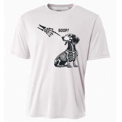 Retro Cute Dachshund Skeleton Hand Boop Dog Funny Halloween Cooling Performance Crew T-Shirt