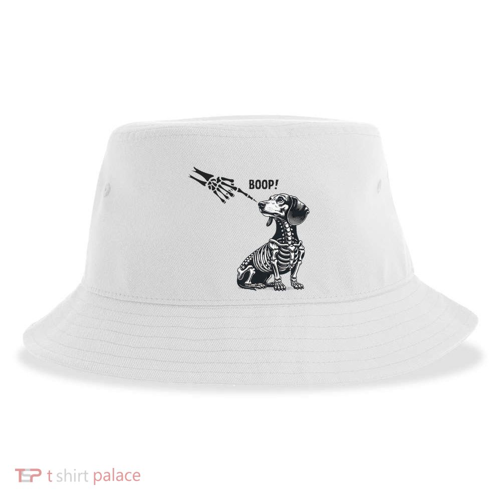 Retro Cute Dachshund Skeleton Hand Boop Dog Funny Halloween Sustainable Bucket Hat