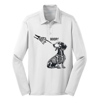 Retro Cute Dachshund Skeleton Hand Boop Dog Funny Halloween Silk Touch Performance Long Sleeve Polo