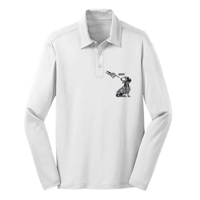 Retro Cute Dachshund Skeleton Hand Boop Dog Funny Halloween Silk Touch Performance Long Sleeve Polo