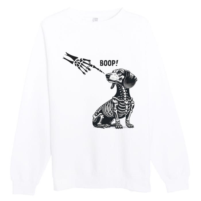 Retro Cute Dachshund Skeleton Hand Boop Dog Funny Halloween Premium Crewneck Sweatshirt