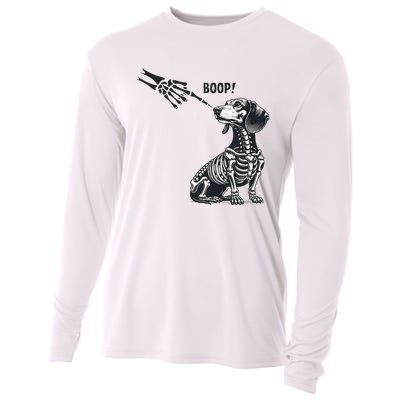 Retro Cute Dachshund Skeleton Hand Boop Dog Funny Halloween Cooling Performance Long Sleeve Crew