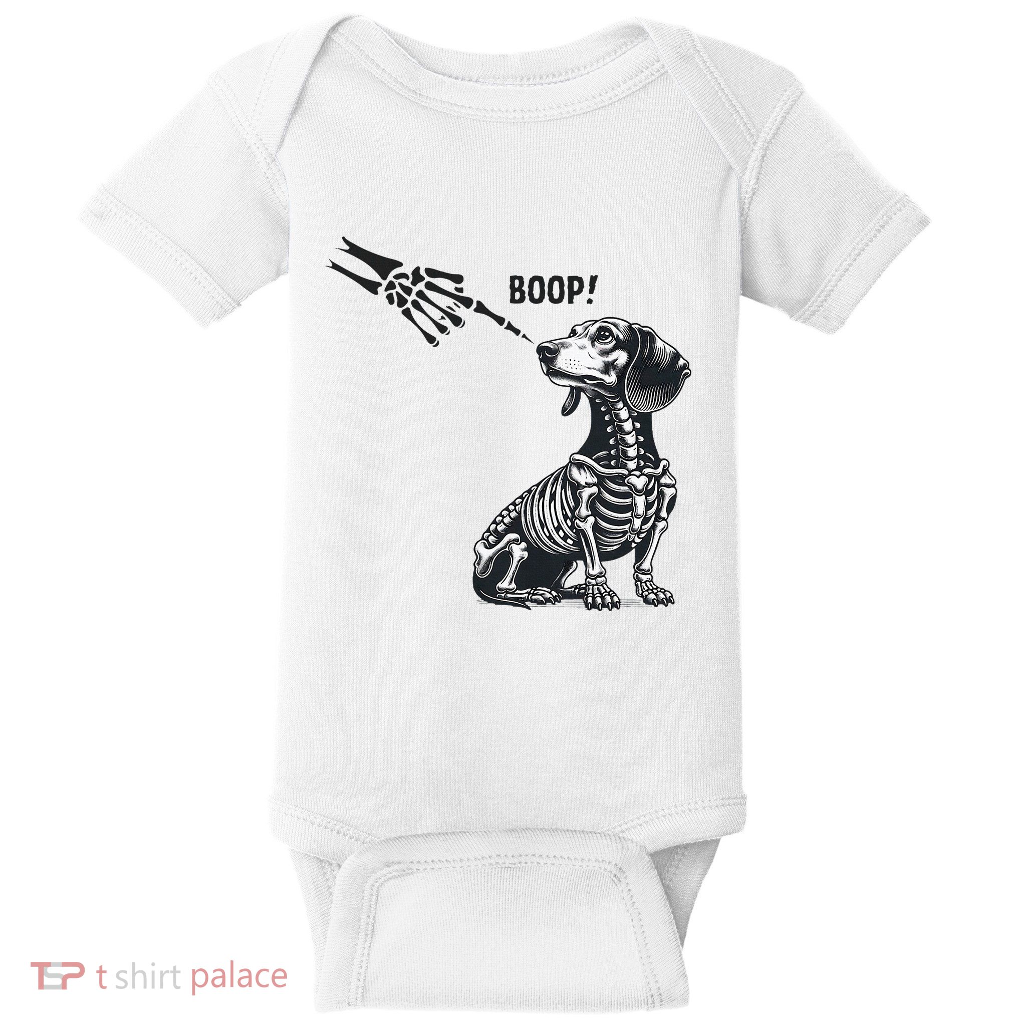 Retro Cute Dachshund Skeleton Hand Boop Dog Funny Halloween Baby Bodysuit