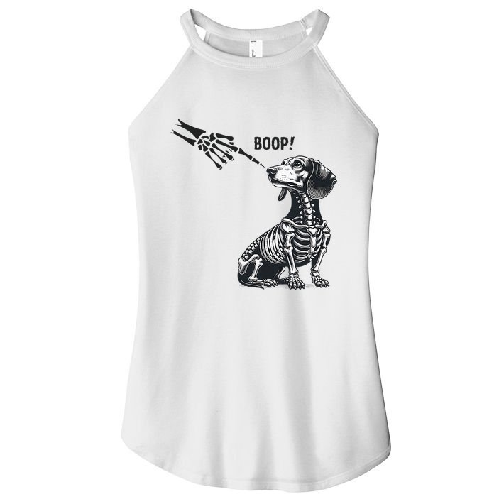Retro Cute Dachshund Skeleton Hand Boop Dog Funny Halloween Women's Perfect Tri Rocker Tank