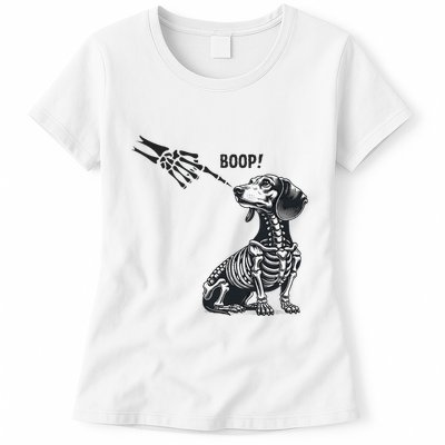Retro Cute Dachshund Skeleton Hand Boop Dog Funny Halloween Womens T-Shirt