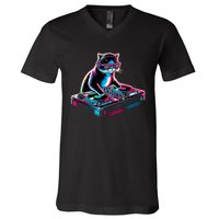 Retro Cat Dj Disco Party Music Gift Funny Cat V-Neck T-Shirt