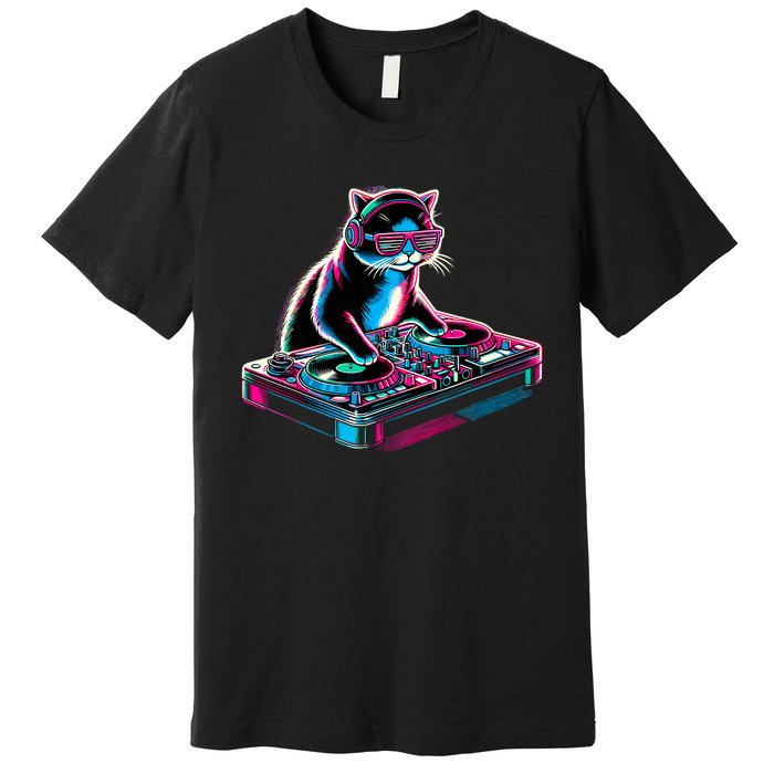 Retro Cat Dj Disco Party Music Gift Funny Cat Premium T-Shirt