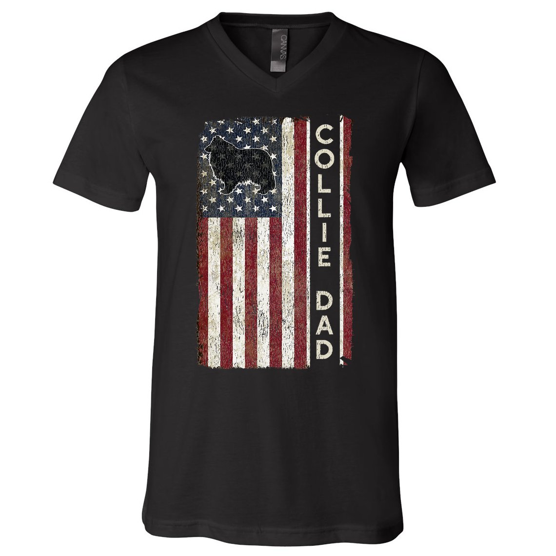 Rough Collie Dad 4th July American Flag Fathers Day V-Neck T-Shirt
