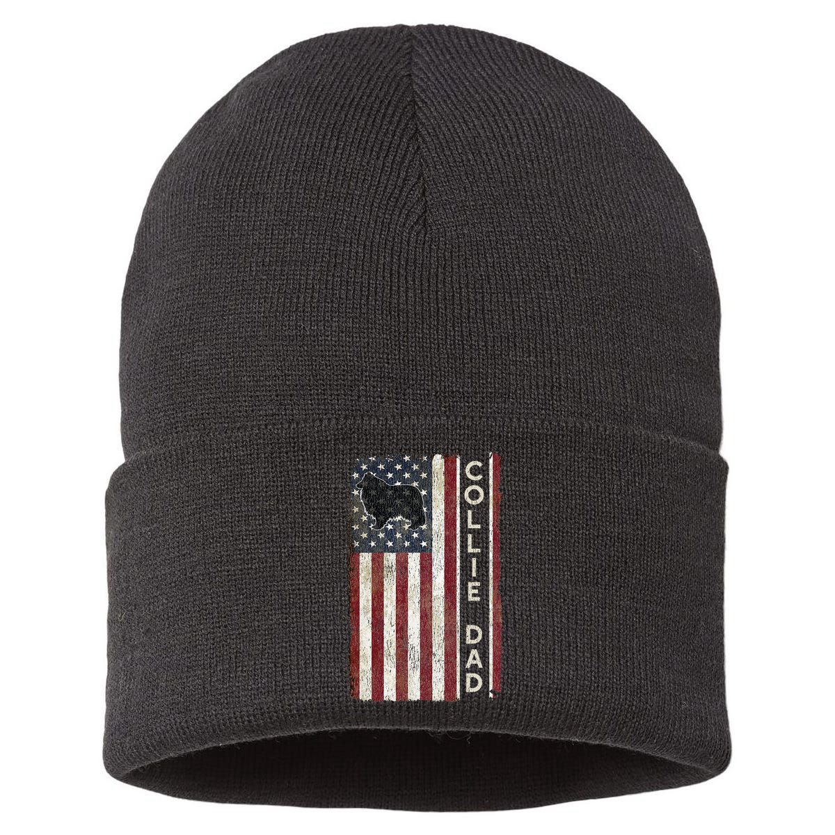 Rough Collie Dad 4th July American Flag Fathers Day Sustainable Knit Beanie
