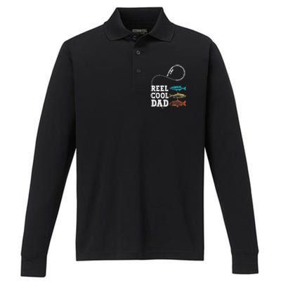 Reel Cool Dad Fishing Fisher Funny Joke Vintage Retro Gift Performance Long Sleeve Polo