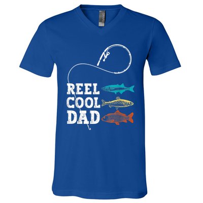 Reel Cool Dad Fishing Fisher Funny Joke Vintage Retro Gift V-Neck T-Shirt