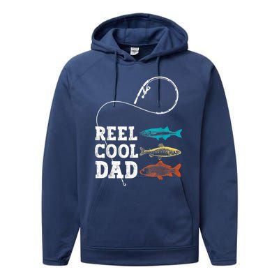 Reel Cool Dad Fishing Fisher Funny Joke Vintage Retro Gift Performance Fleece Hoodie