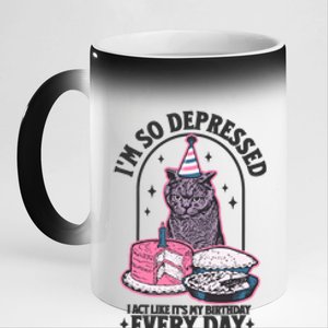 Retro Cat Depressed I Act Like Its My Birthday 11oz Black Color Changing Mug