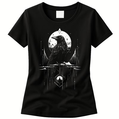 Raven Crow Dark Bird Witchcraft Omens Midnight Moon Night Mystic Folklore Magic Womens T-Shirt