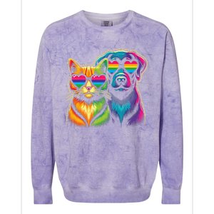 Rainbow Cute Dog & Cat Wearing Glasses Heart Puppy & Kitten Colorblast Crewneck Sweatshirt