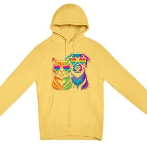 Rainbow Cute Dog & Cat Wearing Glasses Heart Puppy & Kitten Premium Pullover Hoodie