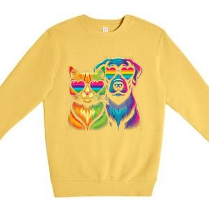 Rainbow Cute Dog & Cat Wearing Glasses Heart Puppy & Kitten Premium Crewneck Sweatshirt