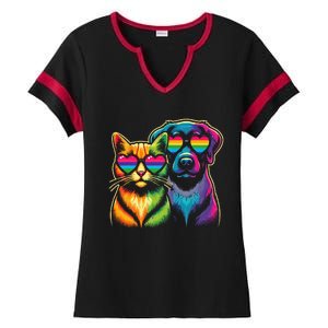 Rainbow Cute Dog & Cat Wearing Glasses Heart Puppy & Kitten Ladies Halftime Notch Neck Tee