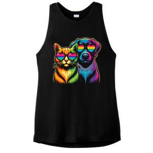 Rainbow Cute Dog & Cat Wearing Glasses Heart Puppy & Kitten Ladies PosiCharge Tri-Blend Wicking Tank