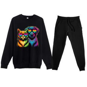 Rainbow Cute Dog & Cat Wearing Glasses Heart Puppy & Kitten Premium Crewneck Sweatsuit Set