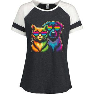 Rainbow Cute Dog & Cat Wearing Glasses Heart Puppy & Kitten Enza Ladies Jersey Colorblock Tee