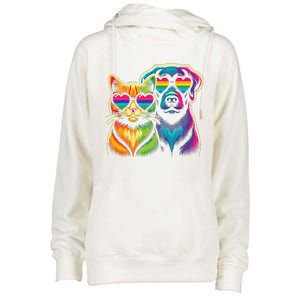 Rainbow Cute Dog & Cat Wearing Glasses Heart Puppy & Kitten Womens Funnel Neck Pullover Hood