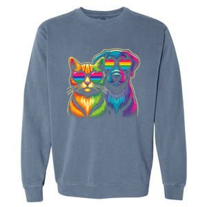 Rainbow Cute Dog & Cat Wearing Glasses Heart Puppy & Kitten Garment-Dyed Sweatshirt