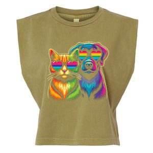 Rainbow Cute Dog & Cat Wearing Glasses Heart Puppy & Kitten Garment-Dyed Women's Muscle Tee